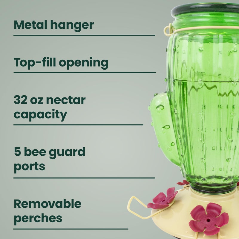 Perky-Pet Cactus Top Fill Glass Hummingbird Feeder with Built-in Bee Guards & Removable Perches - 32 oz Nectar Capacity - Hummingbird Feeder for Outdoors - 9111-1SR - Image 3